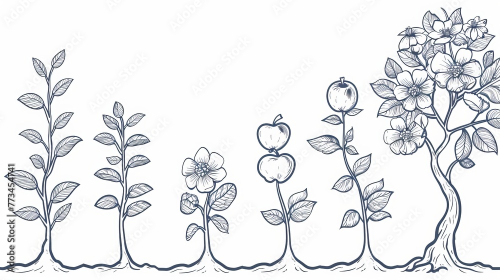 A vector illustration showcasing the growth of a plant from a seedling into a mature tree