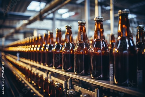 Bottles of beer on a conveyor belt in a factory. Factory for the production of glass containers. Concept of working production process