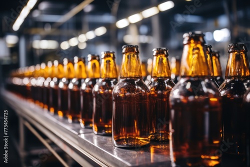Production line of beer factory. Conveyor belt with bottles. Industrial background. Factory for the production of glass containers. Concept of working production process
