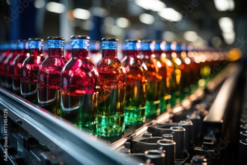Bottles on a conveyor belt in a factory. Industrial background