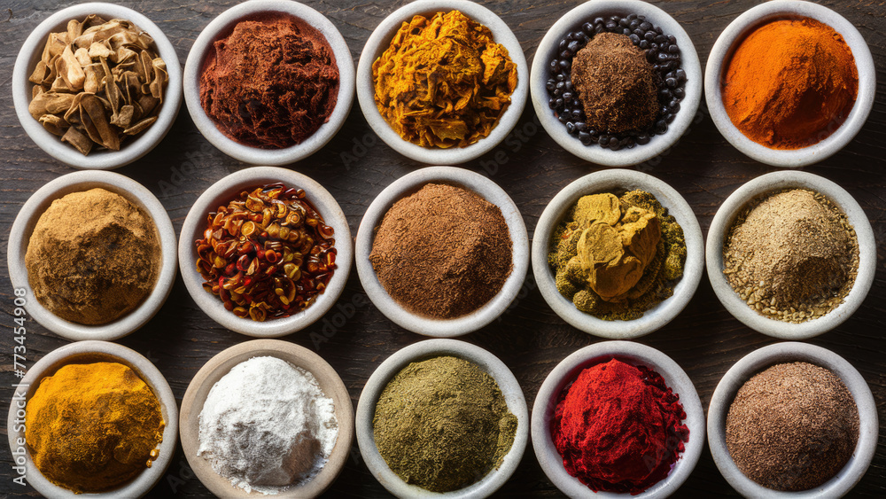 View of oriental spices in clay pots, different colors.