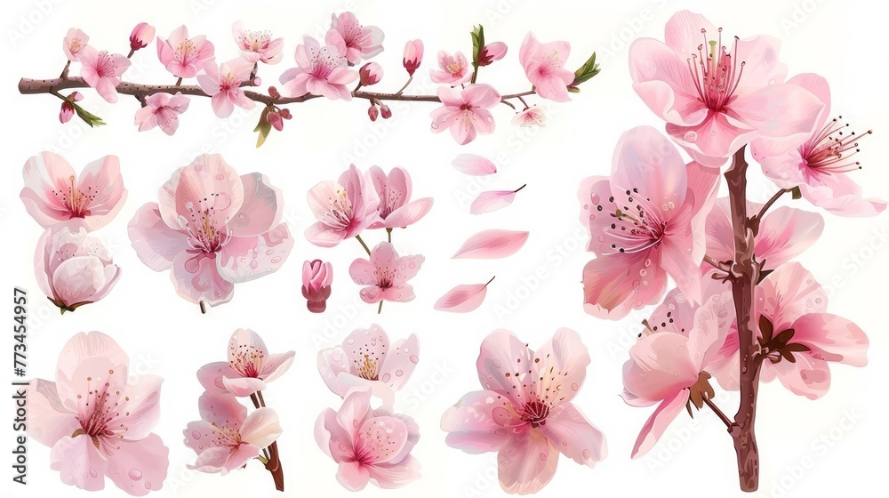 A delicate bouquet of blooming sakura cherry flowers, with realistic pink petals, isolated for a touch of spring