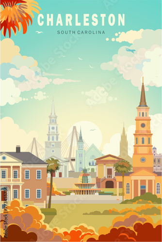 Charleston city retro poster colored vector illustration, South Carolina	