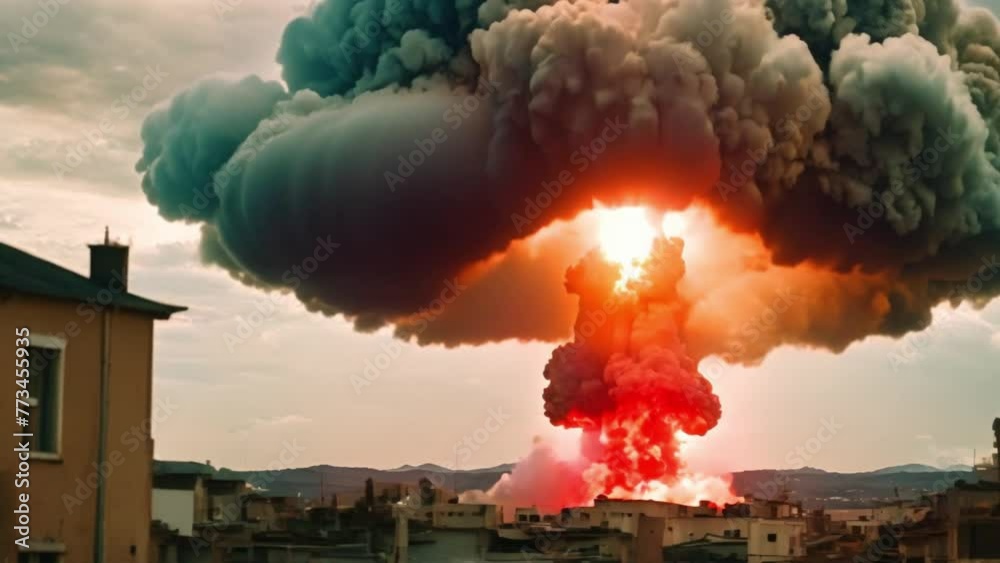 Nuclear explosion in the middle of the city, fire and smoke