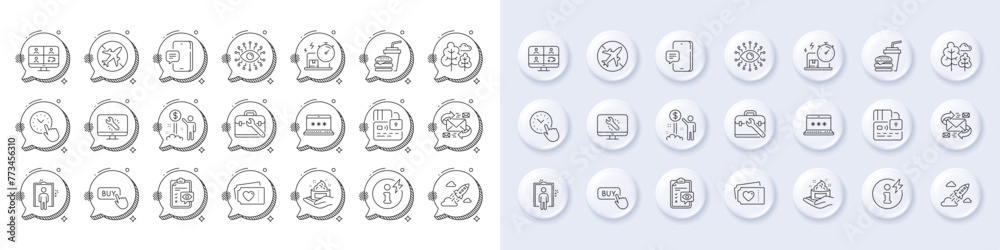 Elevator, Phone message and Skin care line icons. White pin 3d buttons, chat bubbles icons. Pack of Video conference, Startup rocket, Tree icon. Vector