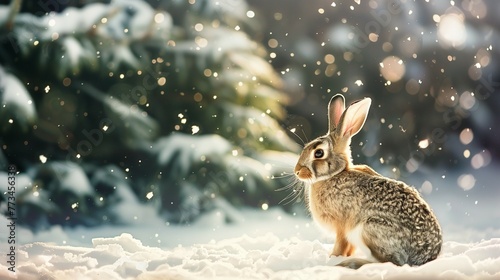 rabbit sitting in the snow near the fir tree in the winter forest. 