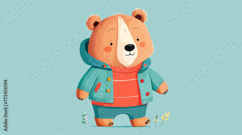 brown bear,blue jacket,orange jacket,standing,fur,dark brown,vibrant colors,paws,alert,wild animal,wildlife,nature,outdoors,furry,large mammal,forest,winter attire,clothing,fashion,apparel,stylish,ani