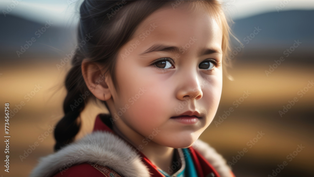 Cute mongoloid child portrait. Little asian kid girl on rustic sunny ethnic background in Natural light Cute mongoloid child portrait. Little asian kid girl on rustic sunny ethnic background in Natural light