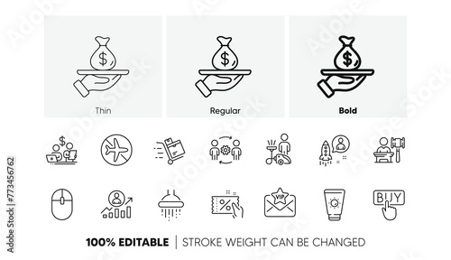 Auction, Flight mode and Discount coupon line icons. Pack of Startup, Budget accounting, Computer mouse icon. Cleaning, Shower, Buying pictogram. Loan, Inventory cart, Vip mail. Line icons. Vector
