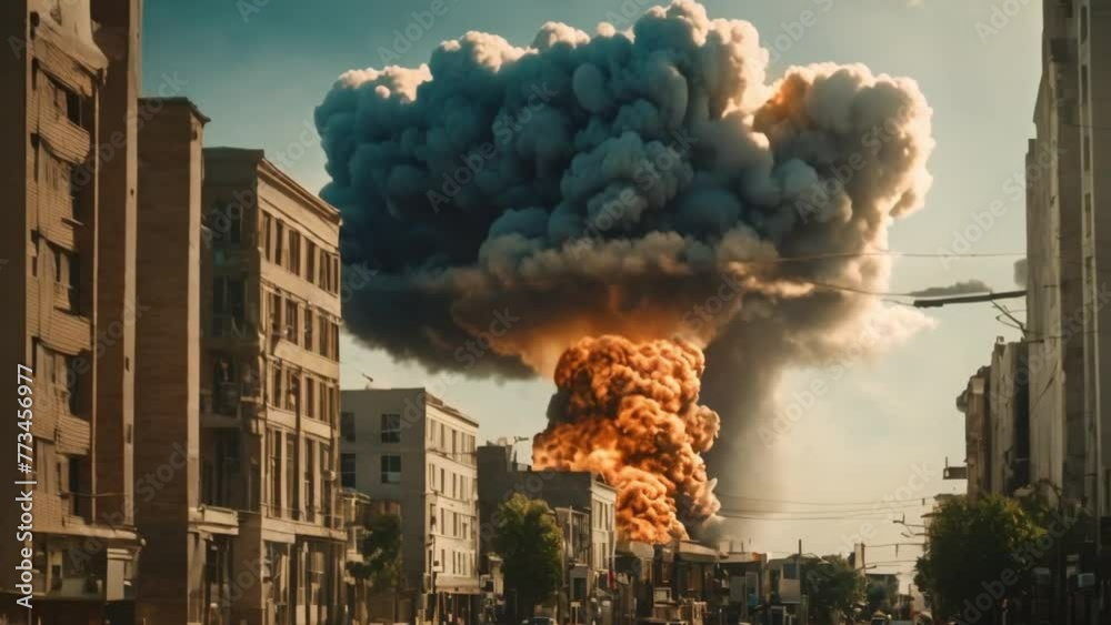 Nuclear explosion in the middle of the city, fire and smoke