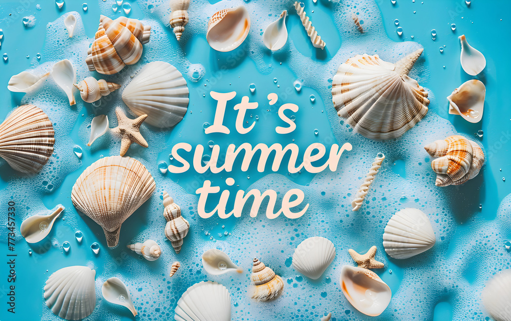Inscription It's Summer Time! in white letters, lettering on a sandy ocean shore with blue water waves, seashells, starfish in the background. Summer advertising beach holiday resort travel concept Inscription It's Summer Time! in white letters, lettering on a sandy ocean shore with blue water waves, seashells, starfish in the background. Summer advertising beach holiday resort travel concept