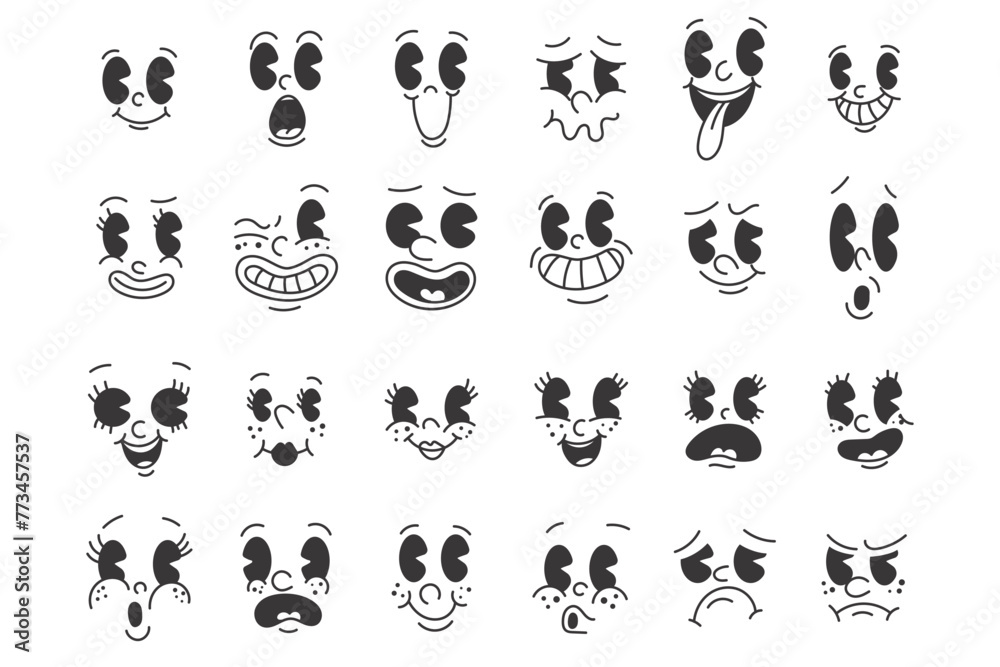 Vintage 50s cartoon and comic happy facial expressions. old animation funny face caricatures. retro quirky characters smile emoji vector set