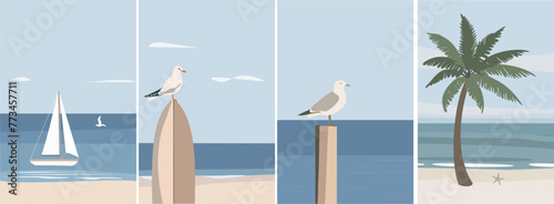 Set of summer seaside vector illustrations. Simple and calm design featuring seagulls, sailboat, surfboard and palm tree. Perfect for invitations, cards, presentation, and flyer design. 