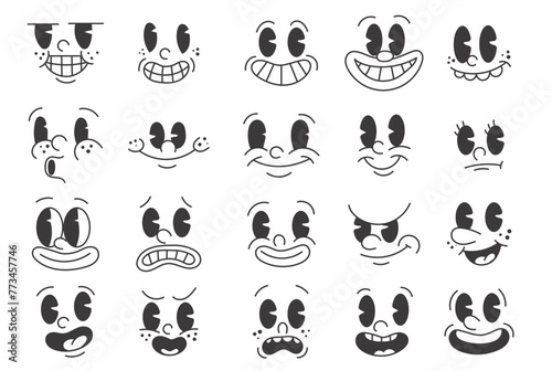 Vintage 50s cartoon and comic happy facial expressions. old animation funny face caricatures. retro quirky characters smile emoji vector set