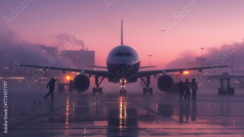 An airplane taxis along the runway in the night, its lights piercing through the light mist, casting a soft glow against the foggy backdrop. photo