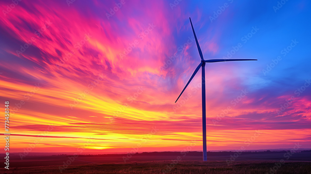 A single wind turbine stands tall against a vibrant sunset sky with dramatic streaks of pink, purple, and orange.