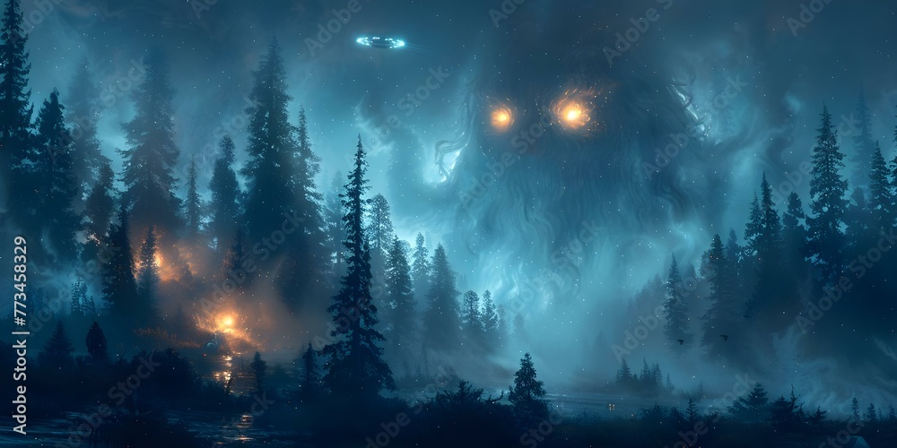 A mysterious UFO hovers over a spooky monster in a foggy forest at night. Concept Fantasy, Mystery, Supernatural, Sci-fi, Horror