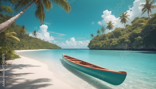 Canoe on the tropical sandy beach. Beautiful summer landscape of tropical island with boat in ocean. Transition of sandy beach into turquoise water. Travel and vacation concept.