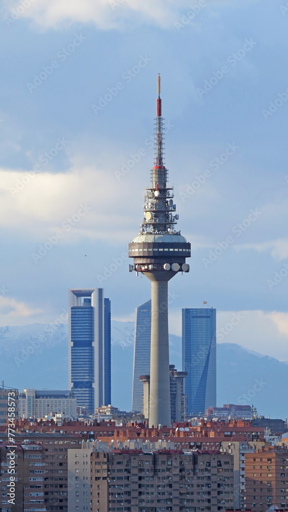 tower spain antenna television skyline madrid skyscraper cityscape buildings