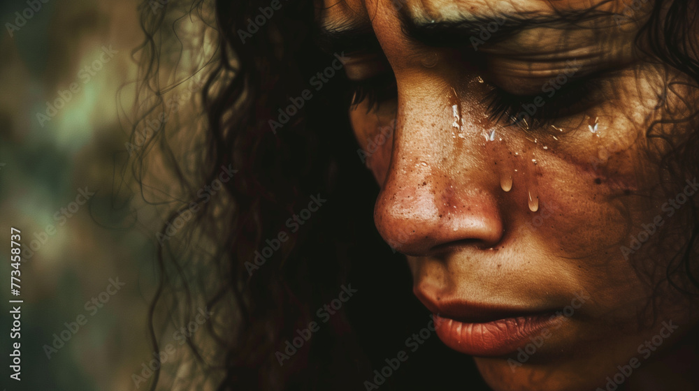 © Pillow Productions - A close-up of a sorrowful woman with tears streaming down her face.