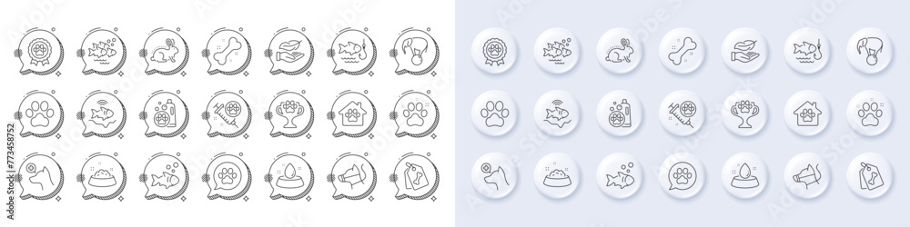 Dog vaccination, Pets care and Fish school line icons. White pin 3d buttons, chat bubbles icons. Pack of Fishfinder, Winner cup, Dog competition icon. Vector