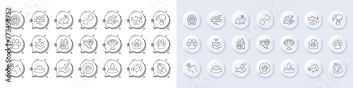 Dog vaccination, Pets care and Fish school line icons. White pin 3d buttons, chat bubbles icons. Pack of Fishfinder, Winner cup, Dog competition icon. Vector