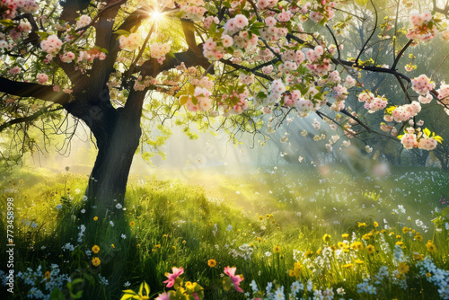 Blossom tree over bright nature background. Spring flowers. Generative AI