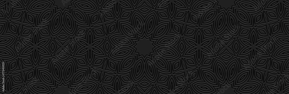 Banner. Relief geometric decorative 3D pattern on a black background. Tribal minimalist ornamental cover design. Ethnicity of the East, Asia, India, Mexico, Aztec, Peru. Boho style and handmade.
