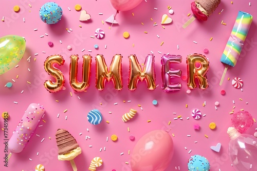 Summer inflatable lettering, 3d letters, colorful word on a pink bright modern background banner template with inflatable pastel sweets, confetti, ice cream, balloons, holiday vacation concept photo