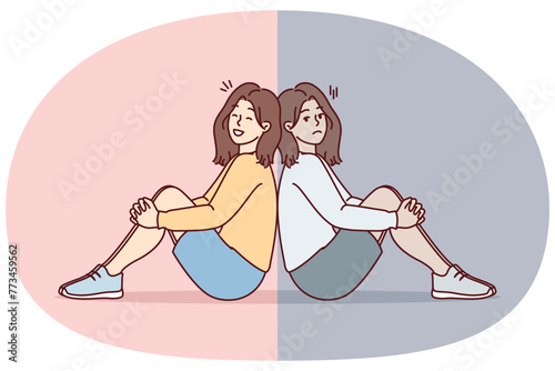 Sad and cheerful girl sit on floor with backs to each other and look at screen. Woman in casual smile after getting rid of depression or ending toxic relationship with boyfriend. Flat vector image