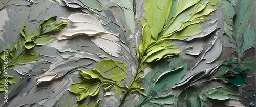 An abstract depiction of foliage in green and grey tones with expressive oil paint strokes creating a dynamic composition