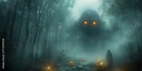 A Spooky Monster in a Foggy Forest at Night: Creating a Mysterious and Eerie Atmosphere. Concept Spooky Monster, Foggy Forest, Night Setting, Mysterious Atmosphere, Eerie Vibes