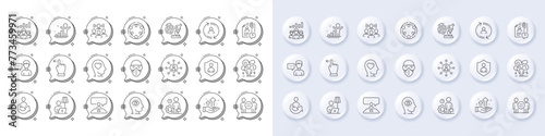 Person talk, Fingerprint research and User info line icons. White pin 3d buttons, chat bubbles icons. Pack of Search employee, Share, Mental health icon. Vector