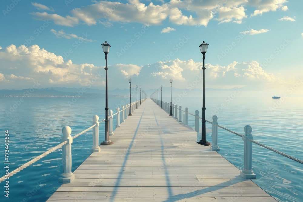 Wooden dock extending into the calm blue sea under a clear sky with white clouds in the background, creating a serene and tranquil scene Wooden dock extending into the calm blue sea under a clear sky with white clouds in the background, creating a serene and tranquil scene