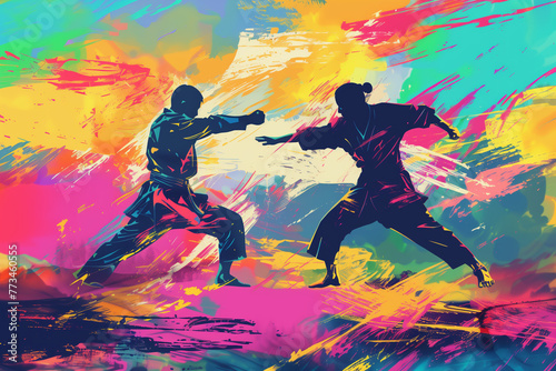 Modern mix martial art colorful illustration design, MMA digital portraits, eye catching surreal wrestling boxing people surround by vibrant abstract colors, Art painting of karate, fighting warriors