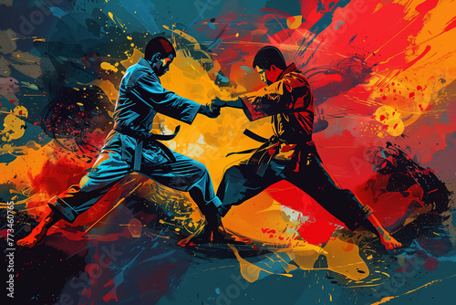 Modern mix martial art colorful illustration design  MMA digital portraits  eye catching surreal wrestling boxing people surround by vibrant abstract colors  Art painting of karate  fighting warriors