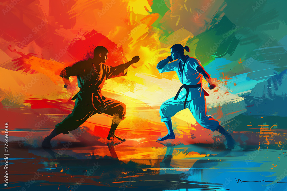 Modern mix martial art colorful illustration design, MMA digital portraits, eye catching surreal wrestling boxing people surround by vibrant abstract colors, Art painting of karate, fighting warriors
