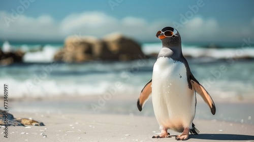 penguin in a sunglasses standing on the beach. 