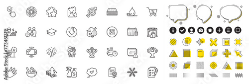 Set of Inflation, Reject certificate and Target line icons for web app. Design elements, Social media icons. Calendar, Frying pan, Vitamin b6 icons. Fan engine, Approved, Petrol canister signs. Vector