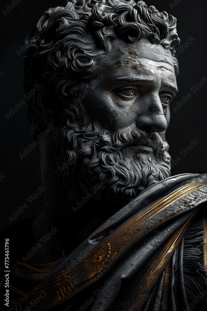 Obraz premium Surreal 3D illustration of an ancient Greek statue made of black marble with gold details. Contemporary art in digital format