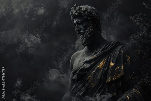 Surreal 3D illustration of an ancient Greek statue made of black marble with gold details. Contemporary art in digital format