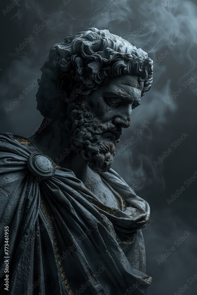 Surreal 3D illustration of an ancient Greek statue made of black marble with gold details. Contemporary art in digital format Surreal 3D illustration of an ancient Greek statue made of black marble with gold details. Contemporary art in digital format