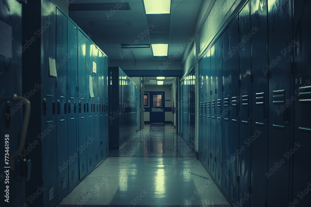 Dimly lit school hallway with rows of lockers