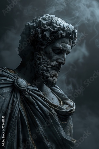 Surreal 3D illustration of an ancient Greek statue made of black marble with gold details. Contemporary art in digital format