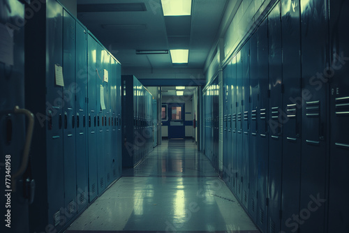 Dimly lit school hallway with rows of lockers