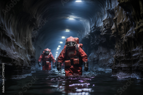Cave rescue team navigating through dark. Speleological Society