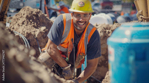 Smiling American Worker Mixing Cement in Outdoor Trench for Pipe Planting Work