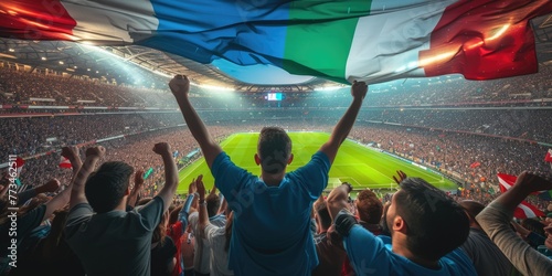 A fan at a soccer match joyfully celebrates a thrilling event, raising his arms in excitement. The Cup match provides entertainment and fun for leisure seekers. AIG41 © Summit Art Creations
