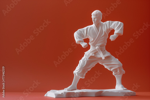 Mix martial art 3D statue design, One person boxing ornament figure, karate figure isolated on red background, kung fu statue, wrestling figure concept art banner, Hand Crafted Ceramic MMA Figurine photo