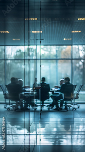Immagine verticale di una riunione sfocata in un ufficio di vetro photo